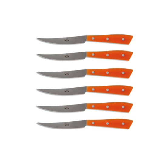 Compendio Steak Knives with Orange Lucite Handles, Set of 6